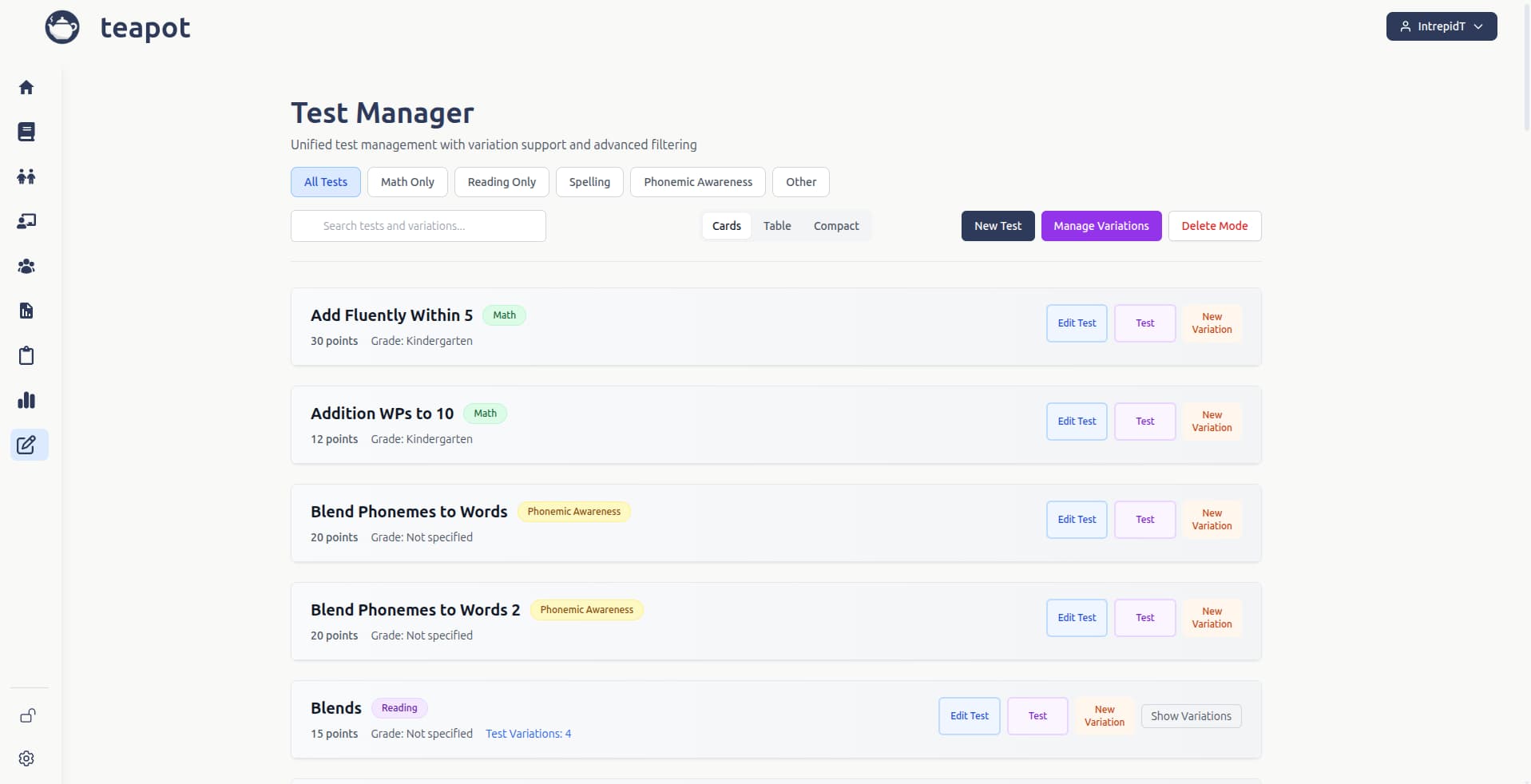 Test Management interface